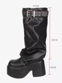Bottes Gothic Lolita noires en PU à bout rond et talon compensé en cuir PU