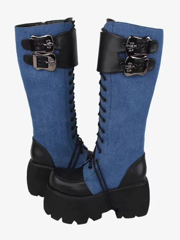 Bottes gothiques Lolita avec 艙illets noirs bout rond métallique chaussures Lolita en cuir PU