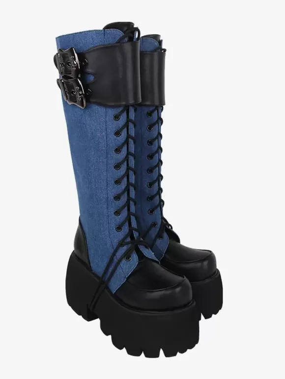 Bottes gothiques Lolita avec 艙illets noirs bout rond métallique chaussures Lolita en cuir PU