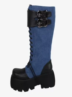 Bottes gothiques Lolita avec 艙illets noirs bout rond métallique chaussures Lolita en cuir PU