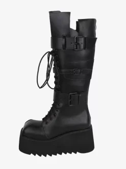 Bottes gothiques Lolita avec 艙illets noirs bout rond métallique chaussures Lolita en cuir PU