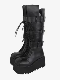 Bottes gothiques Lolita avec 艙illets noirs bout rond métallique chaussures Lolita en cuir PU