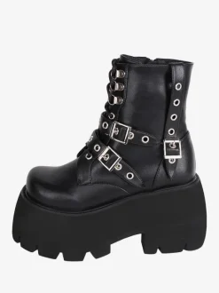 Bottes gothiques Lolita en cuir PU à bout rond  chaussures Lolita noires