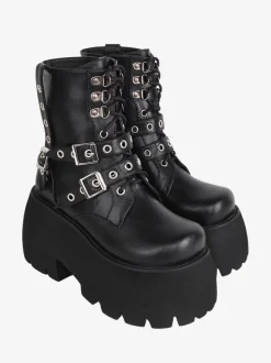 Bottes gothiques Lolita en cuir PU à bout rond  chaussures Lolita noires