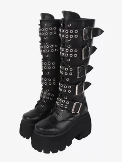 Bottes gothiques Lolita en cuir PU rivets métalliques à paillettes 艙illets bout rond chaussures Lolita noires
