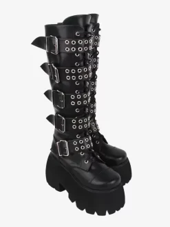 Bottes gothiques Lolita en cuir PU rivets métalliques à paillettes 艙illets bout rond chaussures Lolita noires