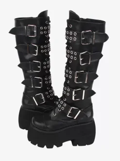 Bottes gothiques Lolita en cuir PU rivets métalliques à paillettes 艙illets bout rond chaussures Lolita noires