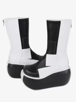 Bottes gothiques lolita en cuir PU patchwork bout rond chaussures lolita noires