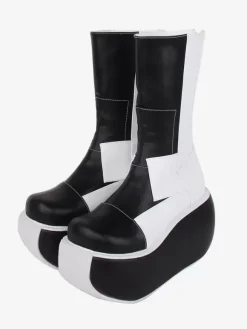 Bottes gothiques lolita en cuir PU patchwork bout rond chaussures lolita noires
