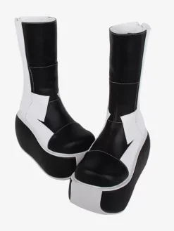 Bottes gothiques lolita en cuir PU patchwork bout rond chaussures lolita noires