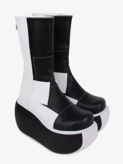 Bottes gothiques lolita en cuir PU patchwork bout rond chaussures lolita noires