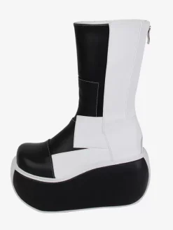 Bottes gothiques lolita en cuir PU patchwork bout rond chaussures lolita noires