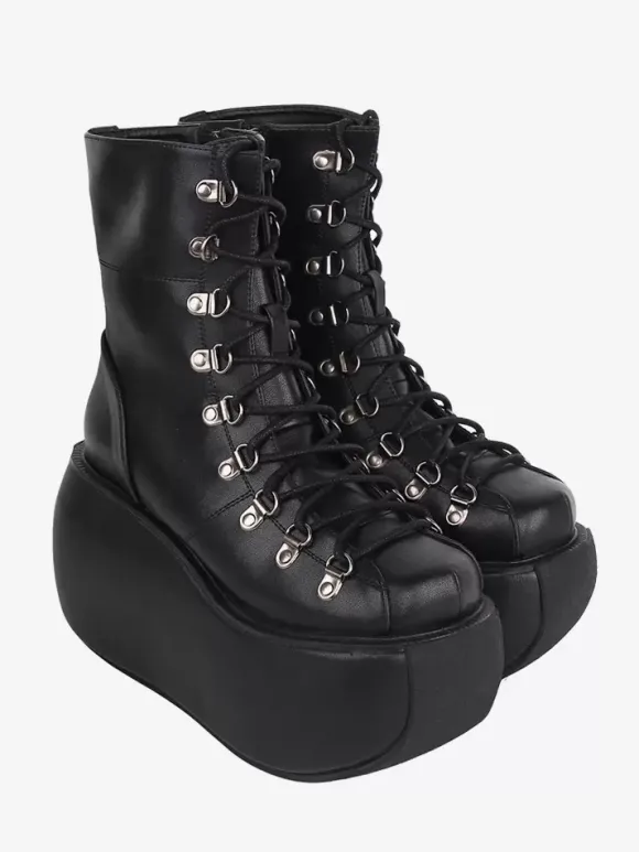 Bottes gothiques Lolita en cuir PU métallisé à bout rond chaussures Lolita noires