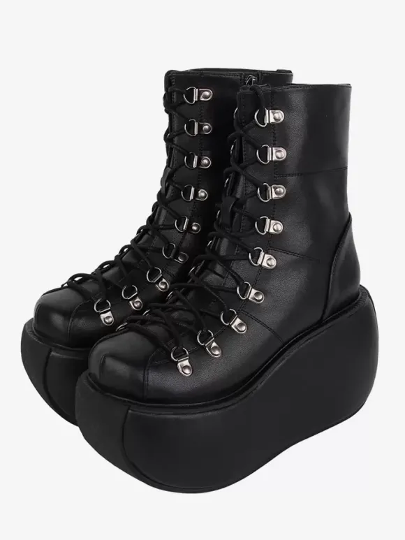 Bottes gothiques Lolita en cuir PU métallisé à bout rond chaussures Lolita noires