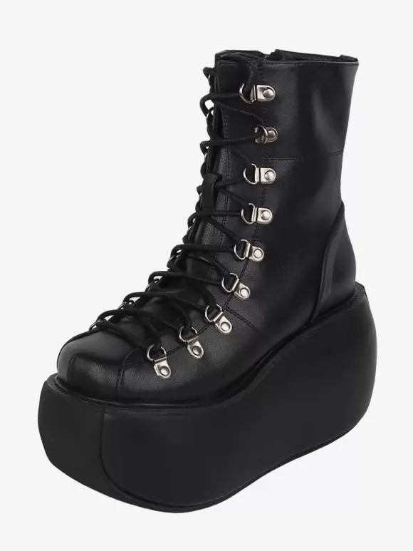 Bottes gothiques Lolita en cuir PU métallisé à bout rond chaussures Lolita noires
