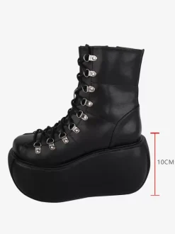 Bottes gothiques Lolita en cuir PU métallisé à bout rond chaussures Lolita noires