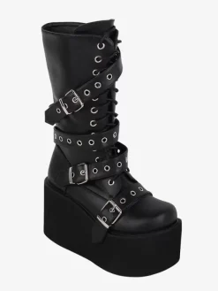 Bottes gothiques Lolita en cuir PU avec 艙illets métalliques bout rond chaussures Lolita noires