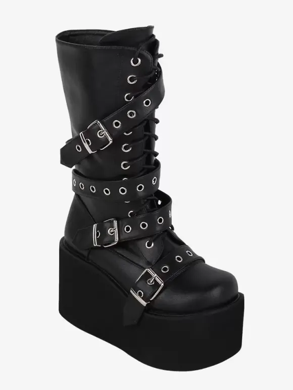 Bottes gothiques Lolita en cuir PU avec 艙illets métalliques bout rond chaussures Lolita noires