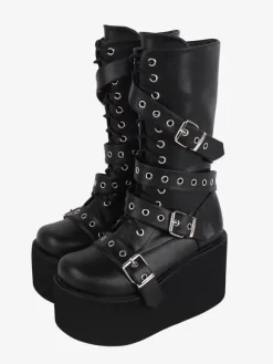 Bottes gothiques Lolita en cuir PU avec 艙illets métalliques bout rond chaussures Lolita noires