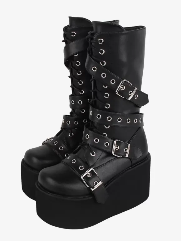 Bottes gothiques Lolita en cuir PU avec 艙illets métalliques bout rond chaussures Lolita noires