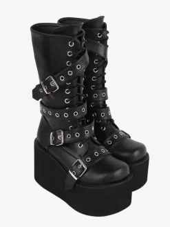 Bottes gothiques Lolita en cuir PU avec 艙illets métalliques bout rond chaussures Lolita noires