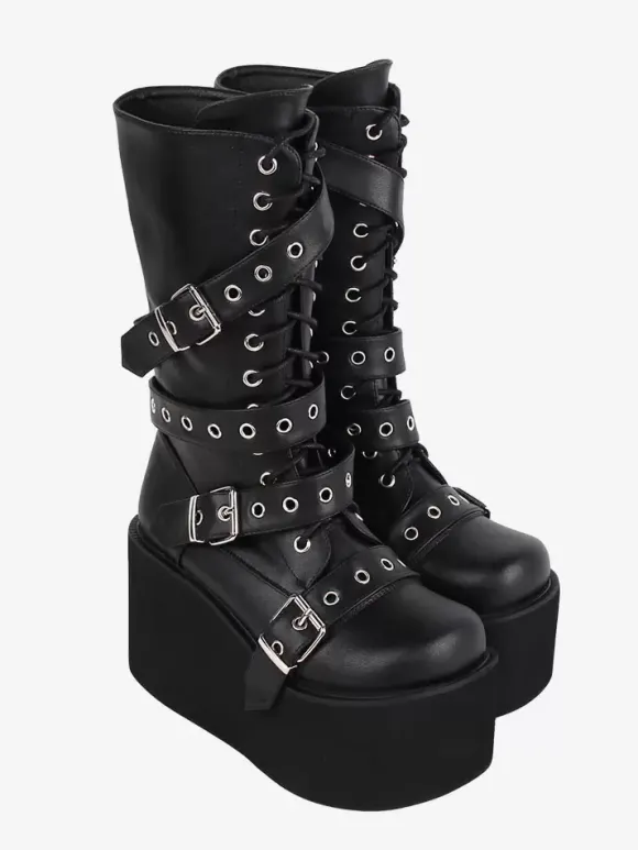 Bottes gothiques Lolita en cuir PU avec 艙illets métalliques bout rond chaussures Lolita noires