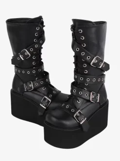 Bottes gothiques Lolita en cuir PU avec 艙illets métalliques bout rond chaussures Lolita noires
