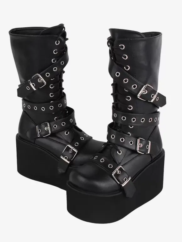 Bottes gothiques Lolita en cuir PU avec 艙illets métalliques bout rond chaussures Lolita noires