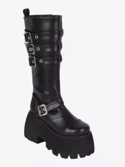 Bottes gothiques Lolita à 艙illets noirs et bout rond en cuir PU métallisé Chaussures Lolita