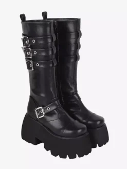 Bottes gothiques Lolita à 艙illets noirs et bout rond en cuir PU métallisé Chaussures Lolita