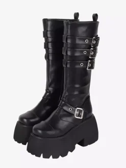 Bottes gothiques Lolita à 艙illets noirs et bout rond en cuir PU métallisé Chaussures Lolita