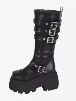 Bottes gothiques Lolita à 艙illets noirs et bout rond en cuir PU métallisé Chaussures Lolita