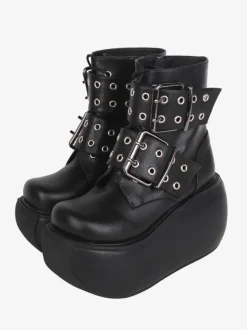 Bottes gothiques Lolita noires en cuir PU à bout rond chaussures Lolita