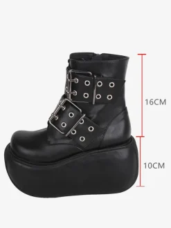 Bottes gothiques Lolita noires en cuir PU à bout rond chaussures Lolita