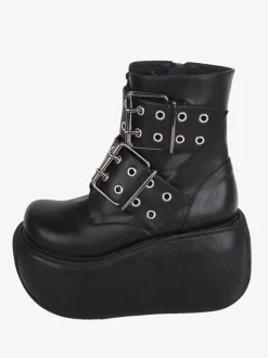 Bottes gothiques Lolita noires en cuir PU à bout rond chaussures Lolita