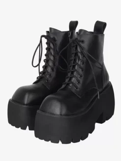 Bottes gothiques Lolita noires à lacets chaussures Lolita en cuir PU à bout carré