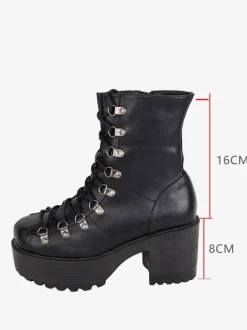 Bottes gothiques épaisses Lolita noires en cuir PU à bout rond chaussures Lolita