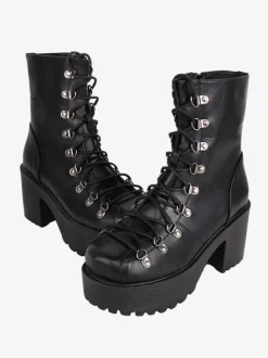 Bottes gothiques épaisses Lolita noires en cuir PU à bout rond chaussures Lolita