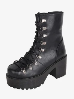 Bottes gothiques épaisses Lolita noires en cuir PU à bout rond chaussures Lolita