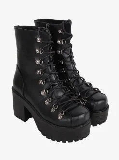 Bottes gothiques épaisses Lolita noires en cuir PU à bout rond chaussures Lolita