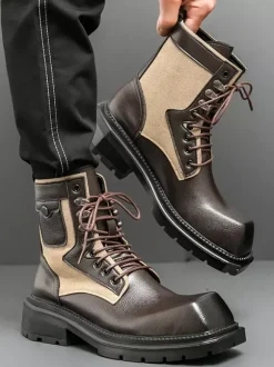 Bottes habillées pour hommes bout carré semelle épaisse lacets bottes en cuir