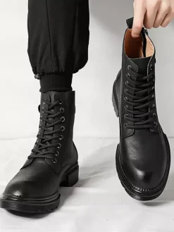 Bottes habillées pour hommes à bout rond semelle épaisse lacets hybrides et fermeture éclair latérale