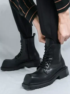 Bottes habillées rigides à bout carré pour homme chaussures habillées en cuir à lacets avec semelle épaisse
