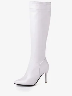 Bottes hautes au genou Bottes à talons aiguilles à bout pointu de couleur unie pour femmes