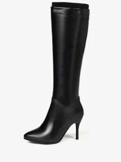 Bottes hautes au genou Bottes à talons aiguilles à bout pointu de couleur unie pour femmes