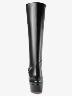 Bottes hautes au genou femmes en PU noir chic avec boucle talon compensé