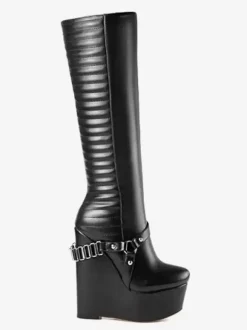 Bottes hautes au genou femmes en PU noir chic avec boucle talon compensé