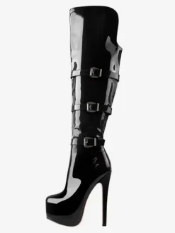 Bottes hautes au genou pour femmes en cuir PU verni Bottes hautes au genou Boucle Talon aiguille