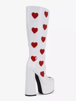 Bottes hautes blanches à plateforme grande taille motif c艙ur talon épais bottes GO GO