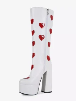 Bottes hautes blanches à plateforme grande taille motif c艙ur talon épais bottes GO GO